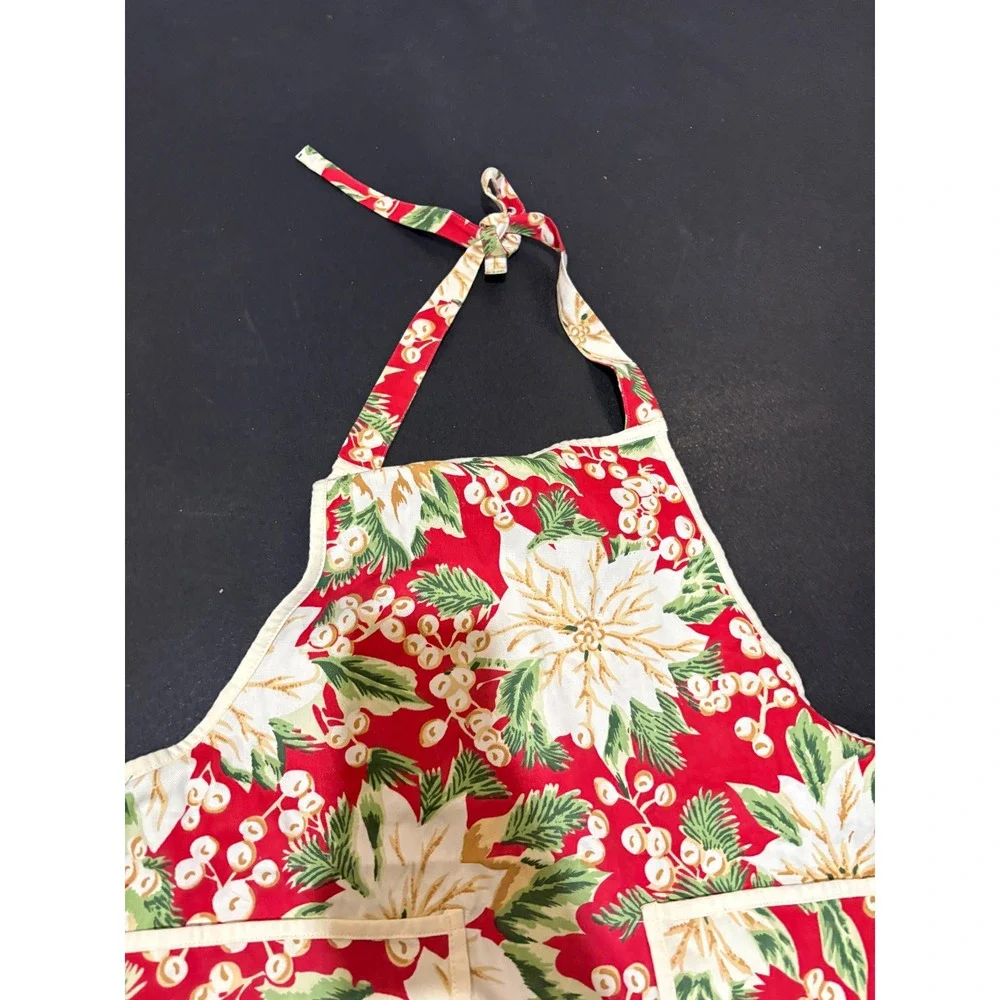 Christmas Poinsettia Floral Cotton Ruffle Apron Red White‎ Green Holiday Hosting